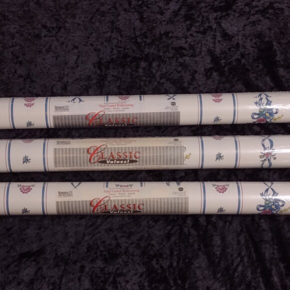 Vintage 3 Rolls Borden Wallpaper Blue Mauve Striped Bows Flowers Cottage Core‎ - Picture 2 of 11